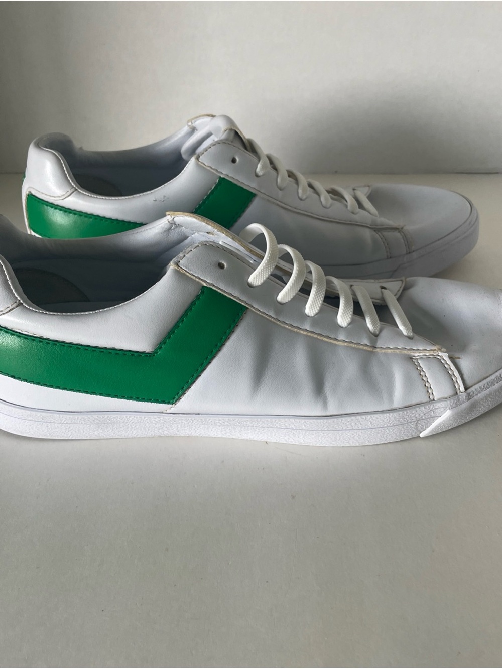 Pony Mens White Green Faux Leather Low Top Lace Up Casual Retro Sneaker Sz 9.5